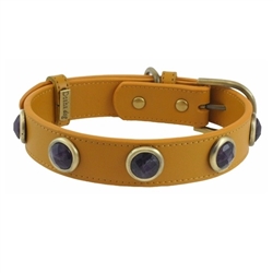 Yellow leather dog collar with faceted Amethyst gem stone