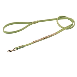 Green leather dog leash with beaded Yellow Jade and Picture Jasper.