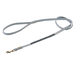 Gray leather dog leash with beaded Hematite.