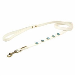 White leather dog leash with faceted Turquoise gem stone