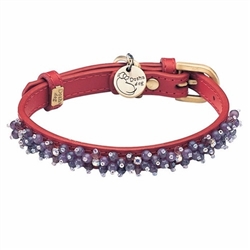 Red leather dog collar with beaded Amethyst gem stone