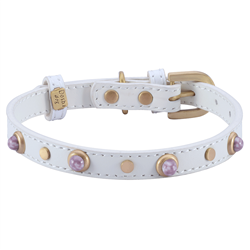 white leather dog collar with lavender color glass cabochons and round brass studs