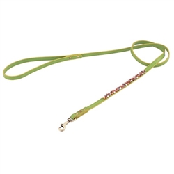 Green leather dog leash with beaded Rhodonite & Aventurine.