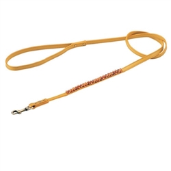 Yellow leather dog leash with beaded Carnelian & Aventurine.