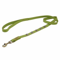 Green leather dog leash with faceted Hematite gem stone