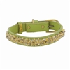 Green leather dog collar with Yellow Jade and Picture Jasper beads
