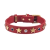 Red leather dog collar with brass star studs, blue sand stone and white cat eye cabochons