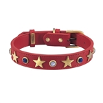 Red leather dog collar with brass star studs, blue sand stone and white cat eye cabochons