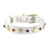White leather dog collar with brass star studs, blue sand stone and red jasper cabochons