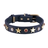 Dark Blue leather dog collar with brass star studs, red jasper and white cat eye cabochons