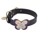 Brown leather dog collar with crystal beaded butterfly