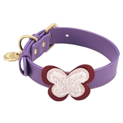 Purple leather dog collar with crystal beaded butterfly