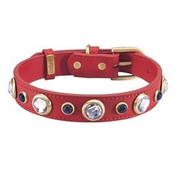Red leather dog collar with faceted Rhinestones & Sodalite gemstones