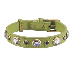 green leather dog collar with faceted Rhinestones & Hematite gemstones