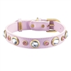 Light pink leather dog collar with faceted crystal rhinestones and pink cat eye cabochons