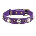 Purple leather dog collar with faceted crystal rhinestones and Amethyst cabochons