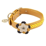Yellow leather dog collar accented with a Sunflower and Hematite gemstones.