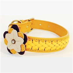Yellow leather dog collar with flower motif and jade cabochon gemstones