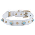 White leather dog collar with turquoise color glass cabochons and round brass studs