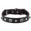 brown leather dog collar with glass malachite cabochons and round brass studs
