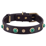 brown leather dog collar with glass malachite cabochons and round brass studs