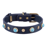 blue leather dog collar with glass turquoise cabochons and round brass studs