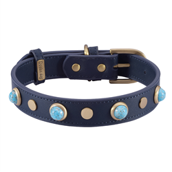 blue leather dog collar with glass turquoise cabochons and round brass studs