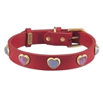 Red leather dog collar with heart shaped pink & white cat eye cabochons