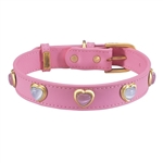 Dark pink leather dog collar with heart shaped pink & white cat eye cabochons