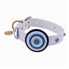 White leather dog collar with circle and Blue Cat Eye gem stones