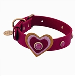 Red leather dog collar with hearts and pink Cat Eye gemstones