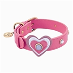 Pink leather dog collar with heart and white Cat Eye gem stone