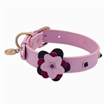 Pink leather dog collar with flower and pink Cat Eye gem stone