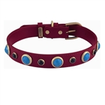 Red leather dog collar with faceted Turquoise & Onyx gem stone