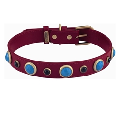 Red leather dog collar with faceted Turquoise & Onyx gem stone