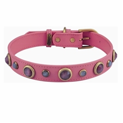 Pink leather dog collar with faceted pink & white Cat Eye gem stone