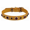 Yellow leather dog collar with Carnelian & Purple Glass gem stone