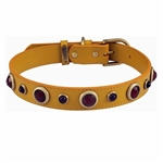 Yellow leather dog collar with Carnelian & Purple Glass gem stone
