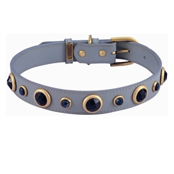 Gray leather dog collar with blue Sand Stone & Sodalite gem stone