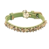 Green leather dog collar with beaded Yellow Jade & Picture Jasper gem stone