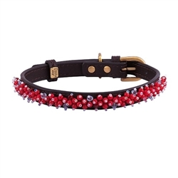 Brown leather dog collar with beaded Bamboo Coral gem stone