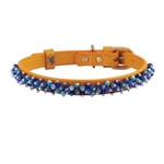 Yellow leather dog collar with beaded Turquoise & Sodalite gem stone
