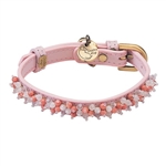 Light pink leather dog collar with beaded pink quartz