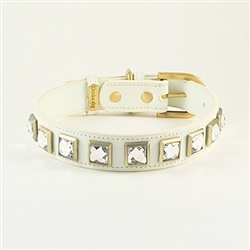 Monte Carlo white leather dog collar with princess cut square rhinestones