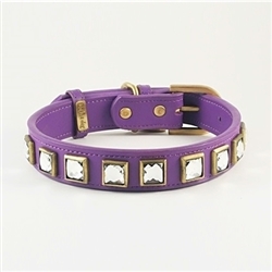 Monte Carlo purple leather dog collar with princess cut square Rhinestones