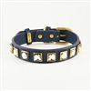 Monte Carlo blue leather dog collar with princess cut square rhinestones