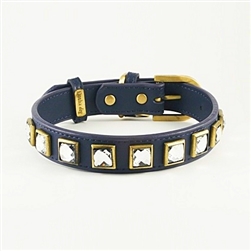 Monte Carlo blue leather dog collar with princess cut square rhinestones