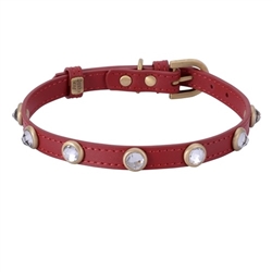 Red leather dog collar with faceted crystal rhinestones