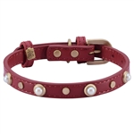 Red leather dog collar with glass pearl cabochons and round brass studs