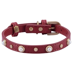 Red leather dog collar with glass pearl cabochons and round brass studs